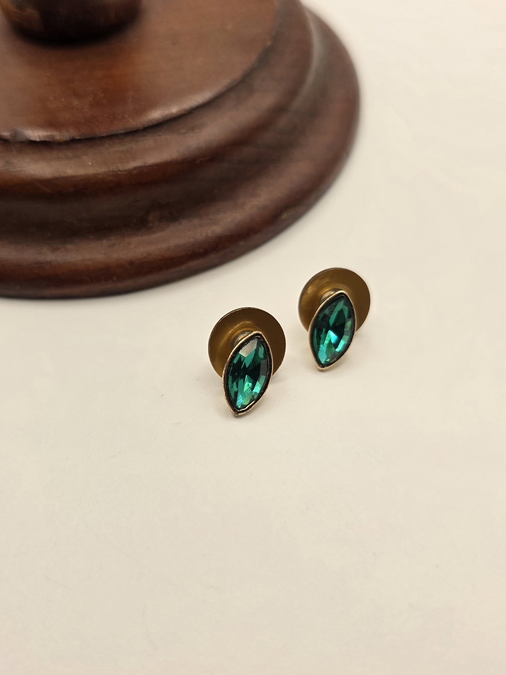 Monet Gold Tone Stud Earrings w/ Green Marquise Glass Stones